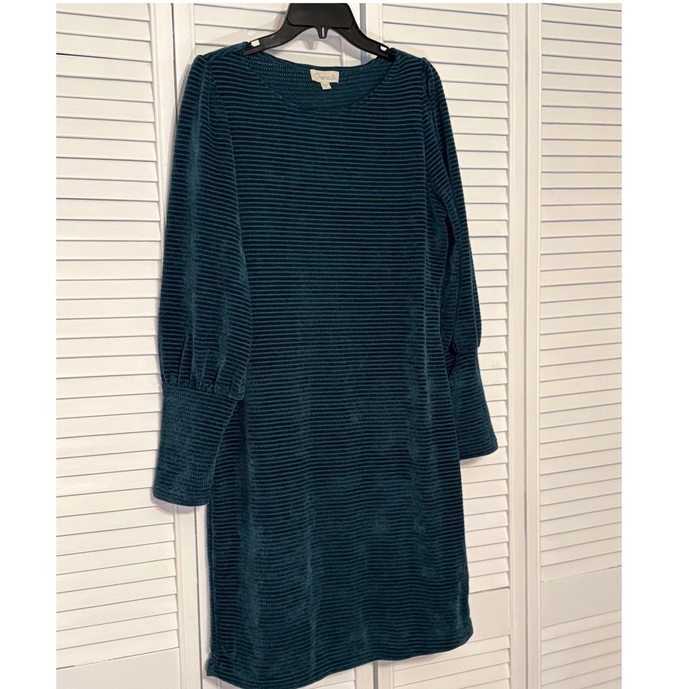 Chenault Teal Green Ribbed Chenille Long Sleeve Shift Dress Size Large
